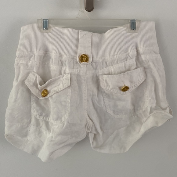 XOXO JEANS white linen cuffed shorts Y2K bold gold hardware ribbed waist 7/8 - Picture 4 of 5